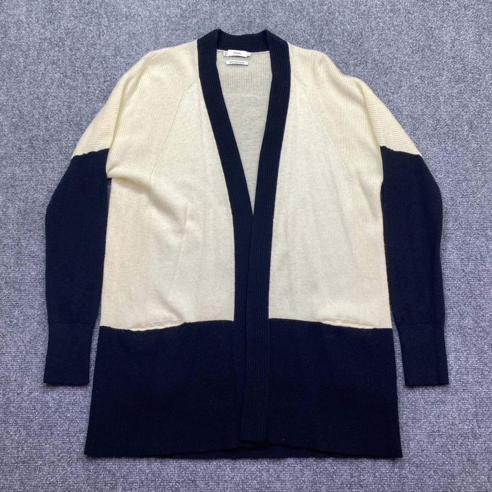 Vince Womens 100% Cashmere Colorblock Open Front Cardigan Sweater Cream Navy M‎